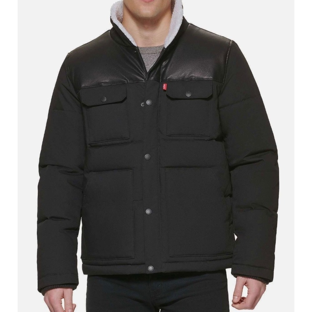 Levi's Men's Mixed Media Woodsman Puffer Jacket Small Black Sherpa Collar‎ Coat